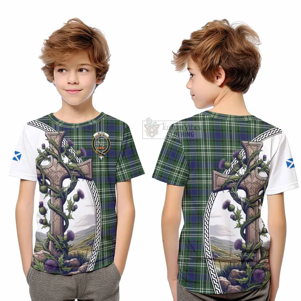 Blyth Tartan Kid T-Shirt with Family Crest and St. Andrew's Cross Accented by Thistle Vines