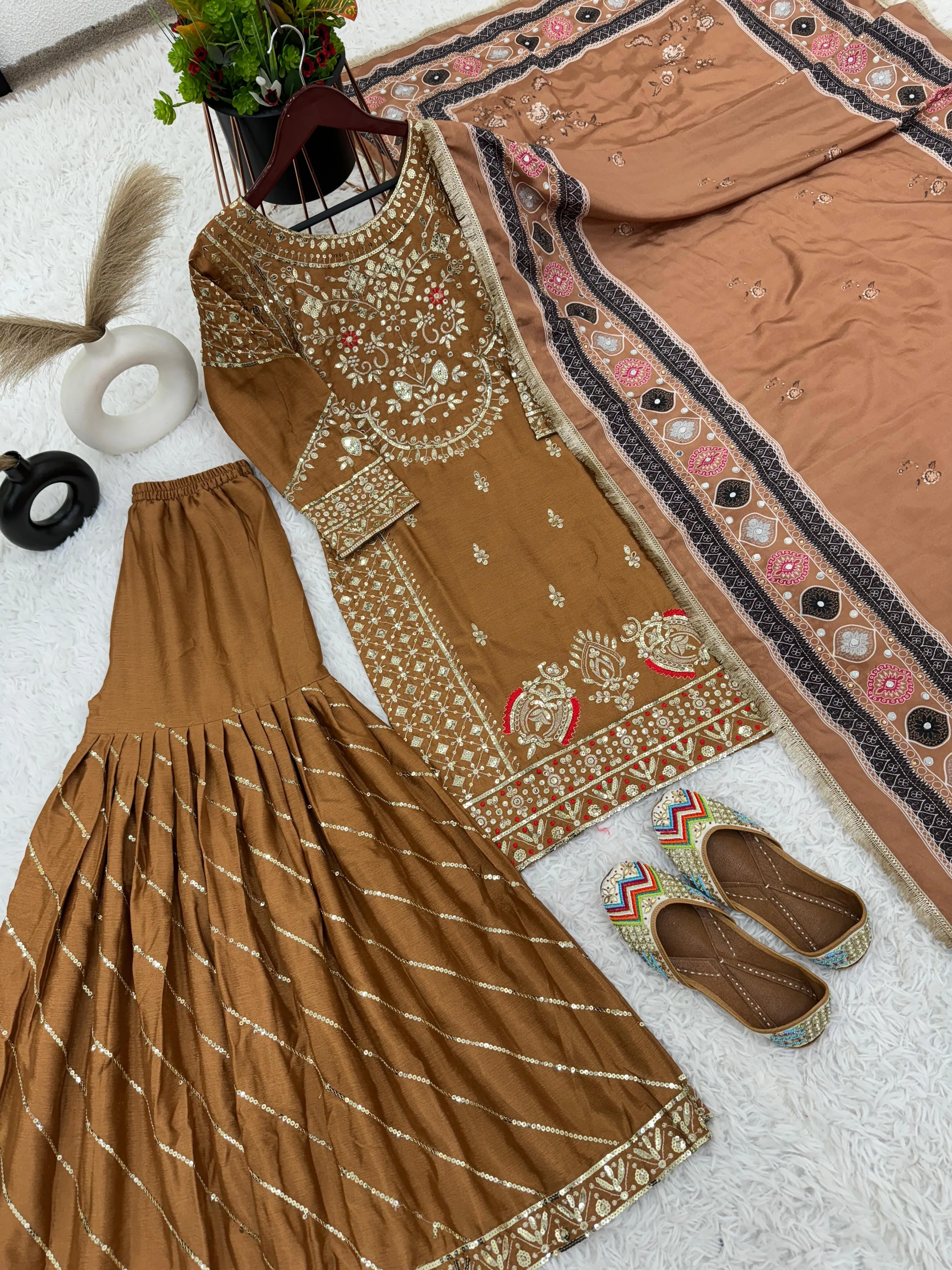 Brown Embroidered Chinnon Silk Sharara Gharara Suit with Digital Print Dupatta