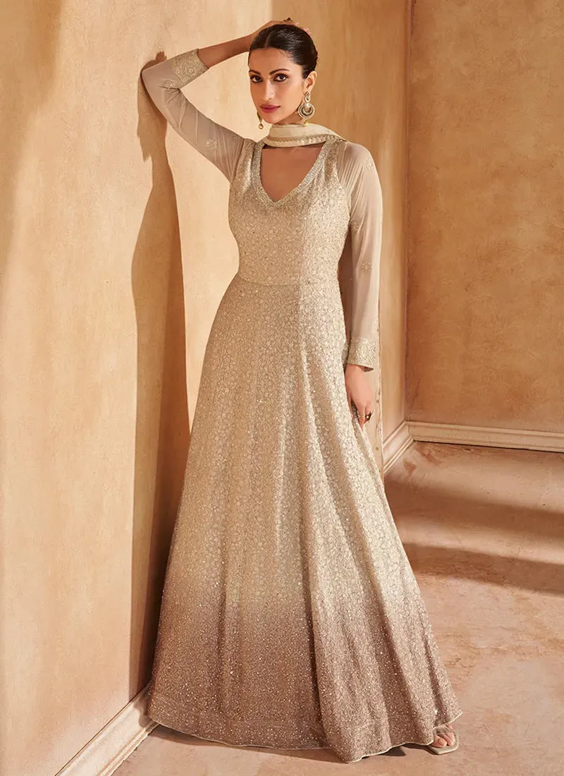 Elegant Beige Ombre Embroidered Designer Anarkali Gown