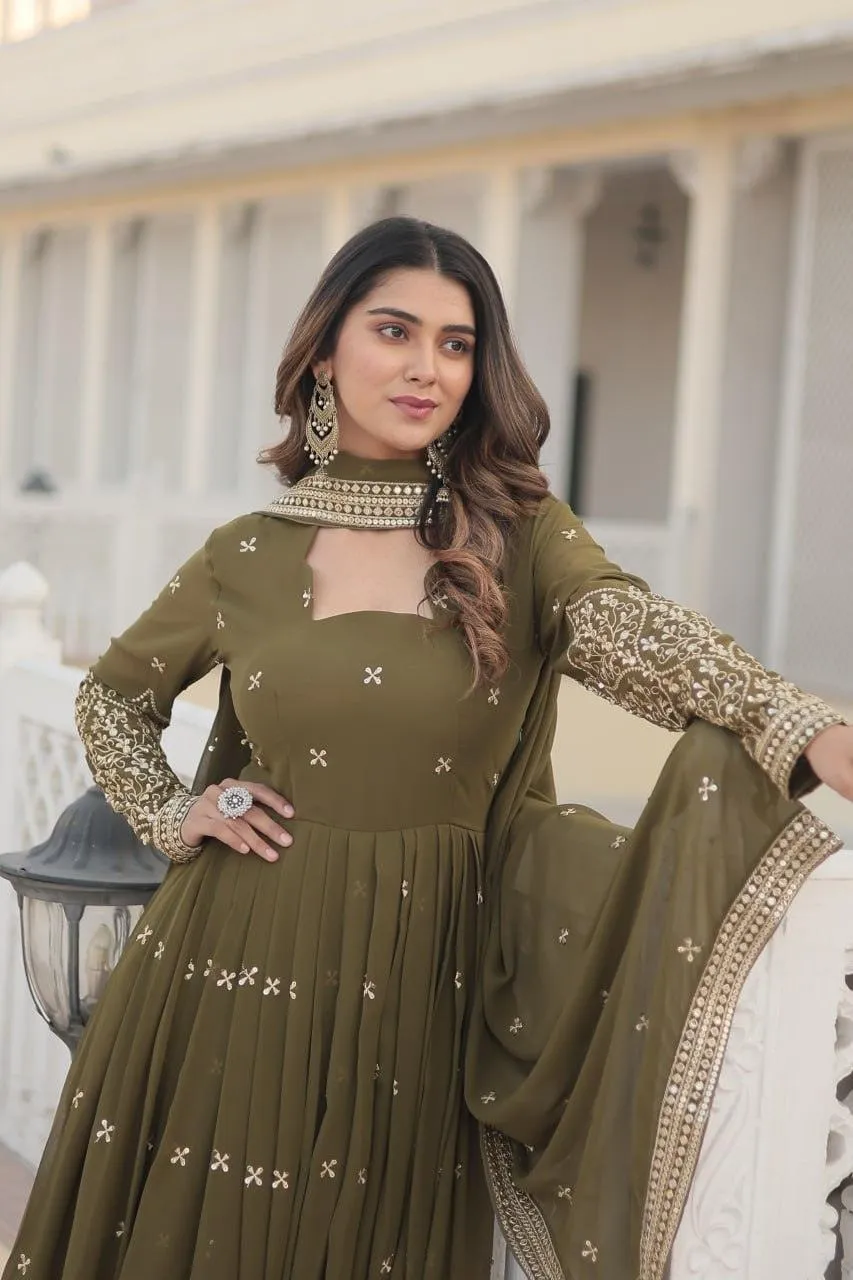 Fantastic Faux Georgette Sequins Embroidered Gown With Dupatta