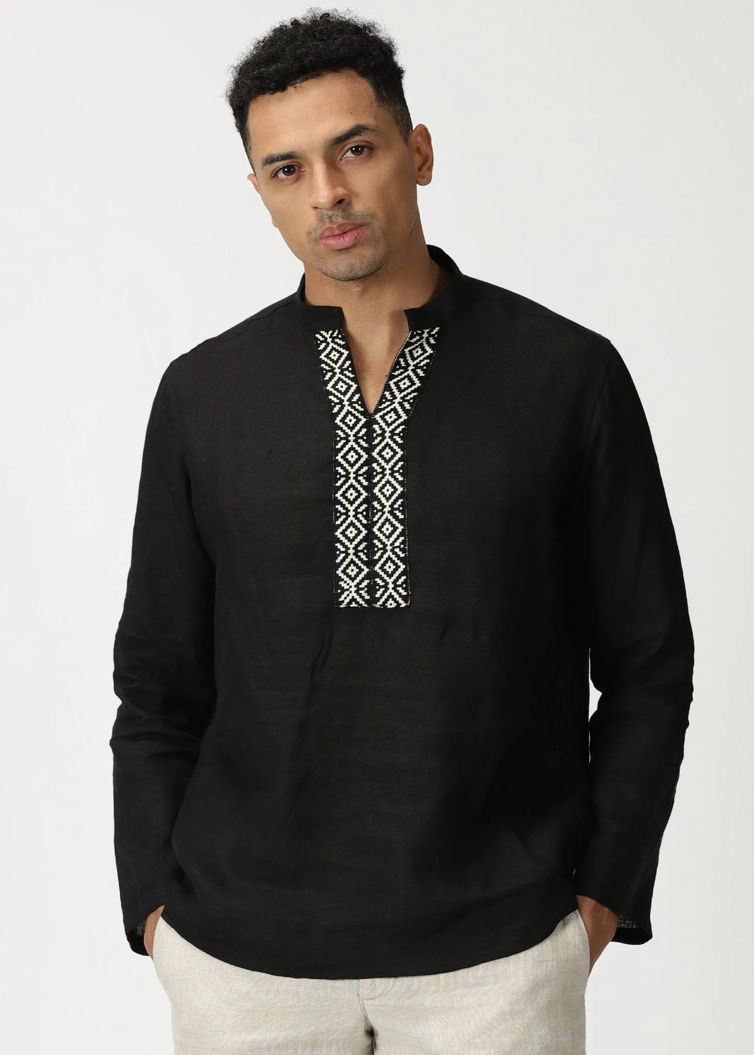 Fredrik - Pure Linen Toda Hand-Embroidered Long Sleeve Shirt - Black