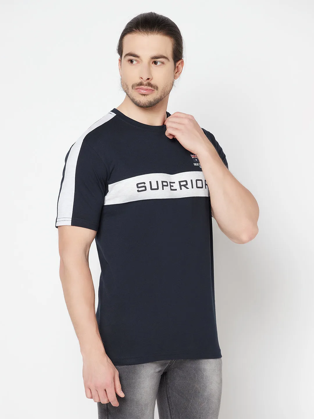Men's Navy Blue Color block Round neck Half Sleeve T-Shirt with Print & contrast shoulder insert