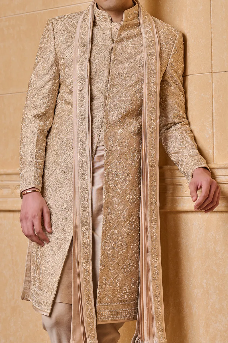 Nude All Over Embroidered Sherwani