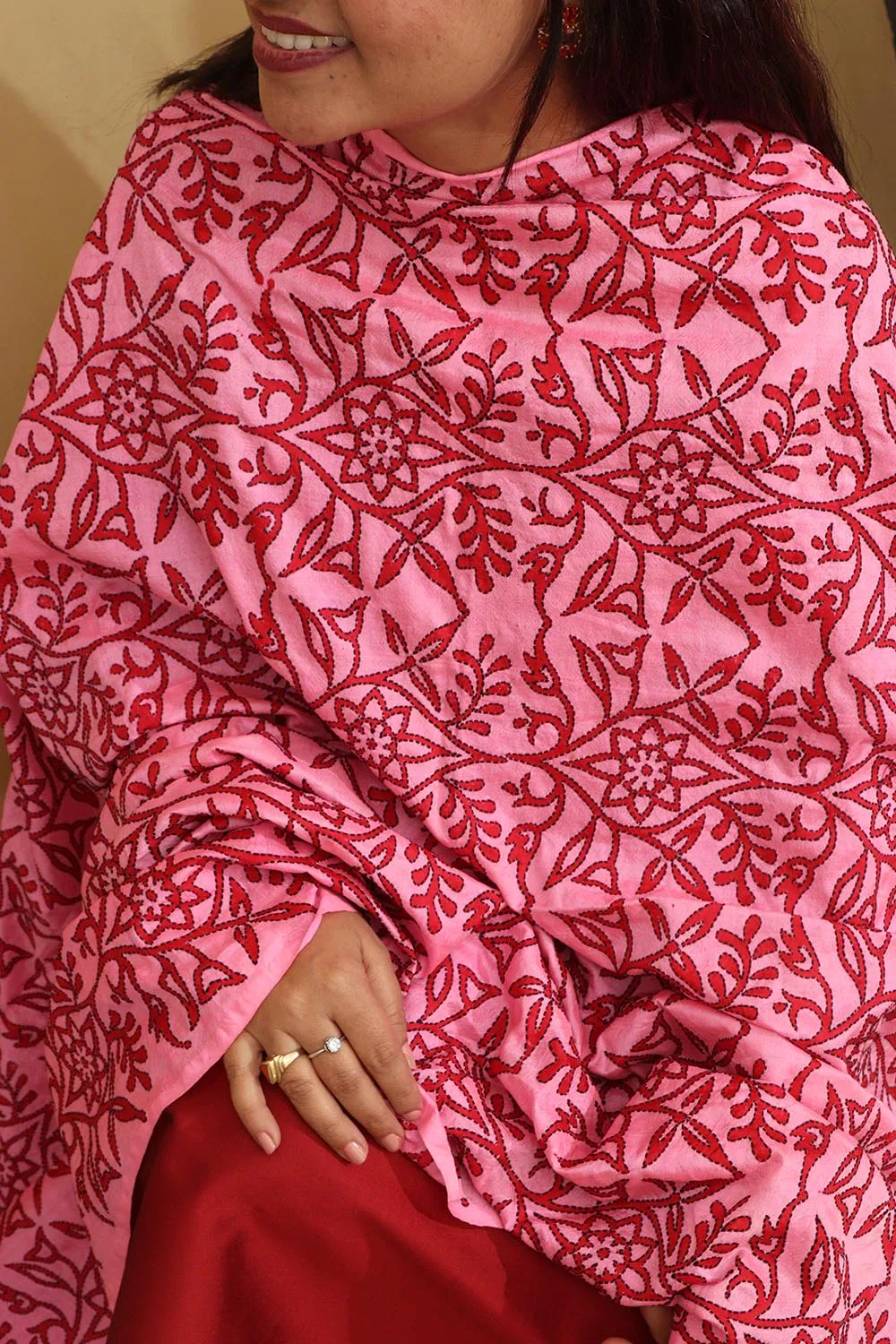 Pink Hand Embroidered Kantha Block Printed Pure Tussar Silk Dupatta