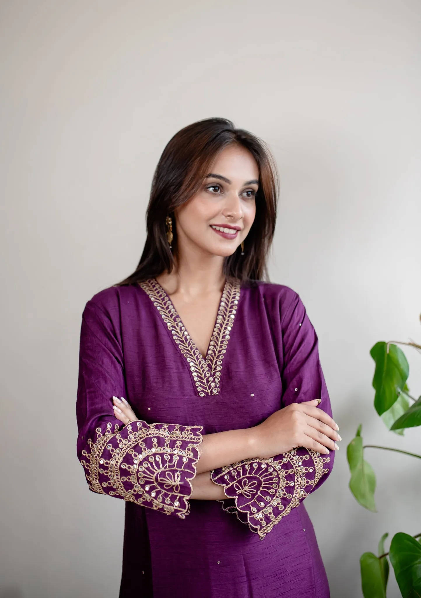 Wine Silk Embroidered A-Line Dress